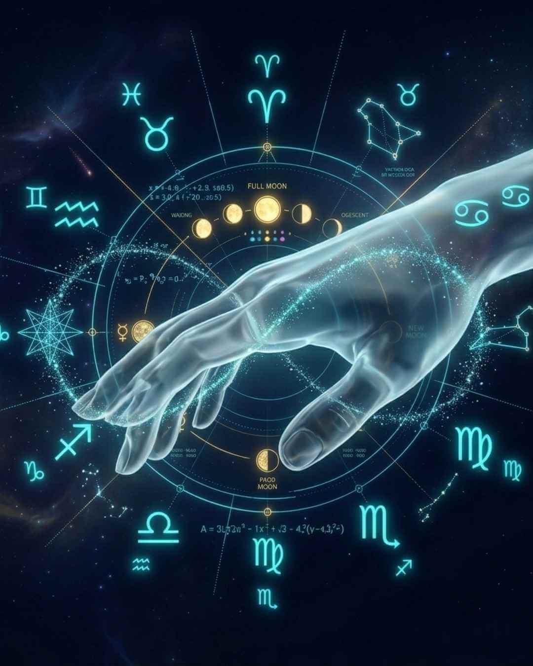 A close-up aesthetic image on thecosmiccalc.com showing a translucent hand interacting with neon-teal astrological equations and geometric zodiac data, supporting the mission of precise cosmic calculation mentioned in the About Us section, referencing the main sun-moon visual from the hero banner.